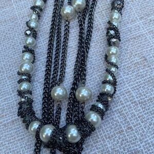 Gorgeous Dark Gray and Faux Pearl Multi-Chain Necklace